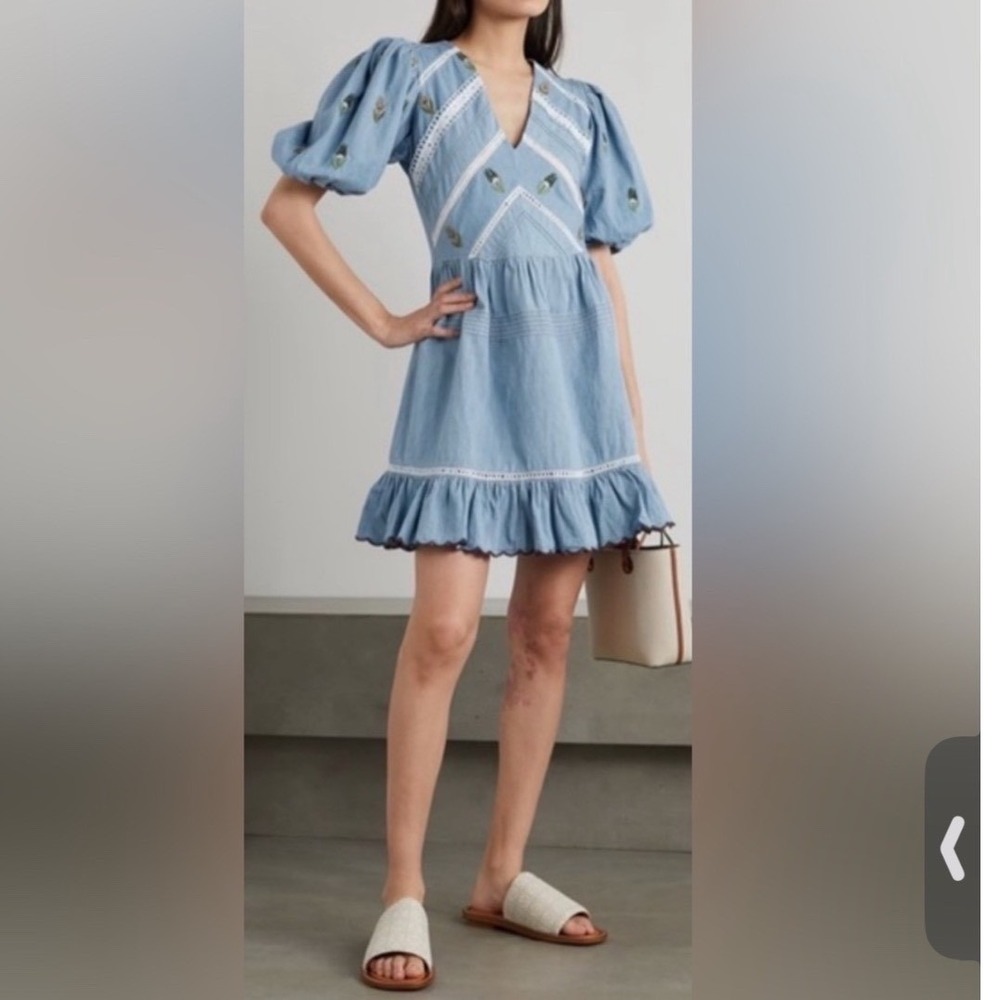 LUG VON SIGA Emma Ruffled Embroidered Cotton-chambray Mini Dress Blue 38/ US 6